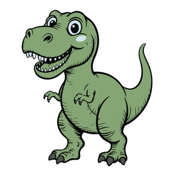 A cute cartoon tyrannosaurus rex dinosaur vector illustration shows a happy green dino character, a funny reptile like a monster drawing