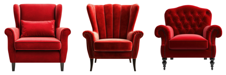 Three red chairs are shown in a row, with one of them being a velvet chair