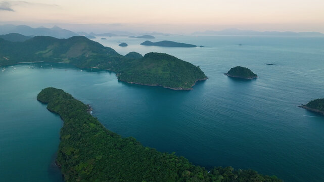 Aerial view of beautiful tropical archipelago with lush islands and serene ocean, Paraty, Rio de Janeiro, Brazil.