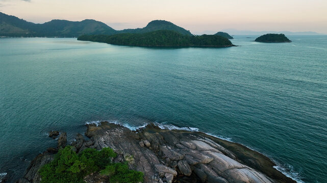 Aerial view of a breathtaking tropical archipelago with serene islands and a calm ocean, Paraty, Rio de Janeiro, Brazil.
