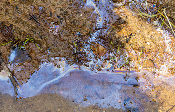 A spring with oily water with crude oil, in the colors of the rainbow