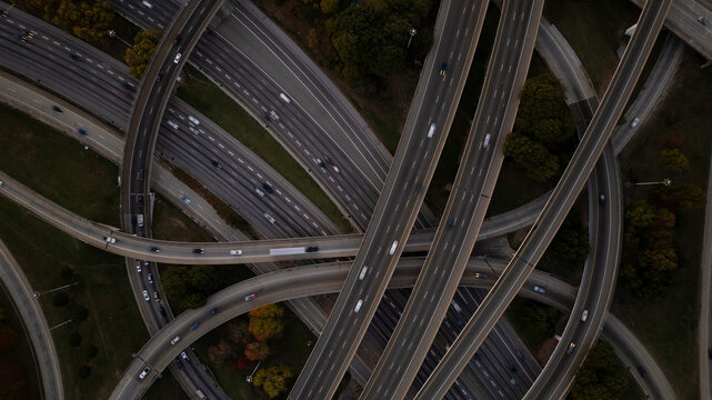 Aerial view of busy highway interchange with traffic and modern architecture, Downtown Atlanta, Georgia, United States.