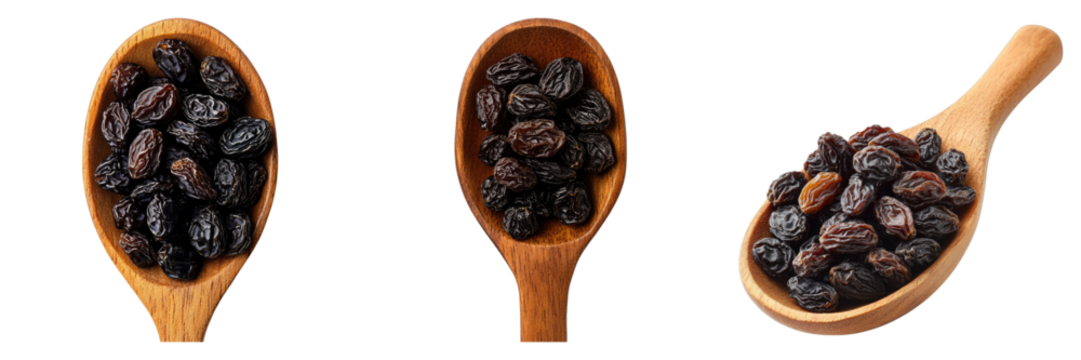 Three spoons with different amounts of raisins