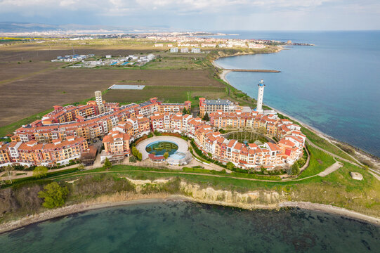 Aerial view of aheloy marina and aheloy lighthouse with marina cape hotel along the beautiful coastline, Aheloy, Burgas, Bulgaria.