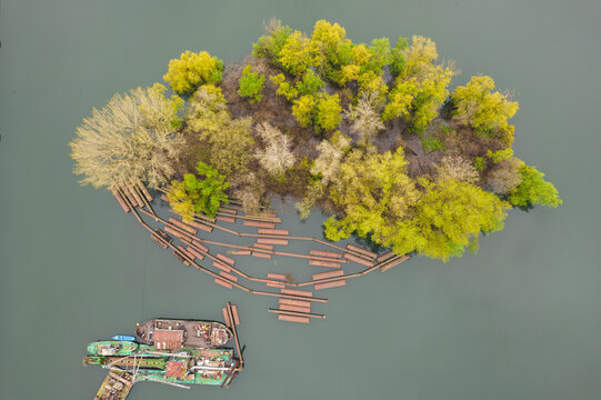 Aerial view of Danube river with serene reflections and lush greenery, Ruse, Ruse, Bulgaria.