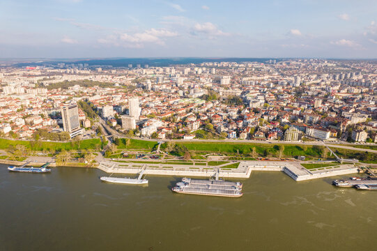 Aerial view of a beautiful cityscape with the Danube river and ship, Ruse, Ruse, Bulgaria.