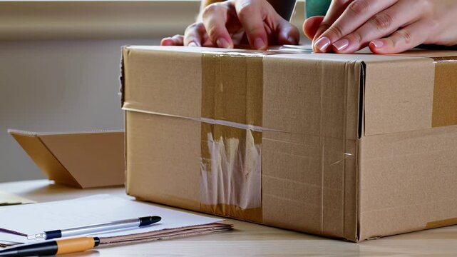 Return process in action: hands adjusting cardboard flaps, prepaid barcode label applied to sealed package for shipment