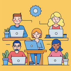 Diverse team working collaboratively on laptops with gear icon for productivity