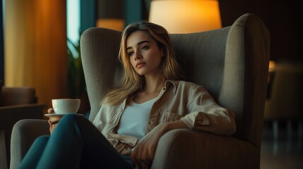 A woman sitting comfortably in a modern lounge, holding a cup of coffee.
