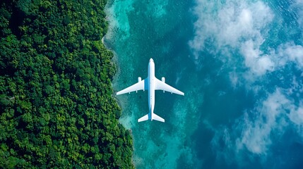 Sustainable aviation fuel concept of flight running on biofuel green energy, An aerial view of an airplane flying over green forest, the environmental impact and sustainability in the travel industry