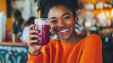 A young woman with braided hair wearing an orange turtleneck laughs while holding a glass of purple juice with a straw.