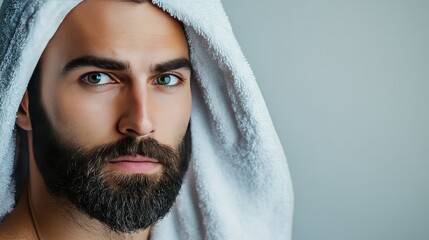 A young man with dark, wavy hair and a medium build applies shaving cream to his face, showcasing a well-groomed beard.