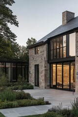 A contemporary stone house elegantly situated in a tranquil landscape, featuring stunning glass walls that provide captivating views, all surrounded by a beautifully designed garden.