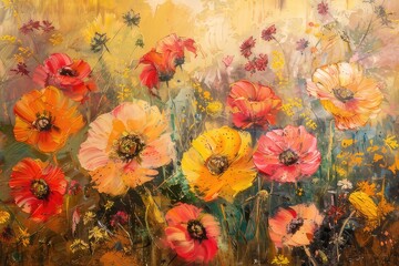 A beautiful painting of red and yellow flowers on a yellow background