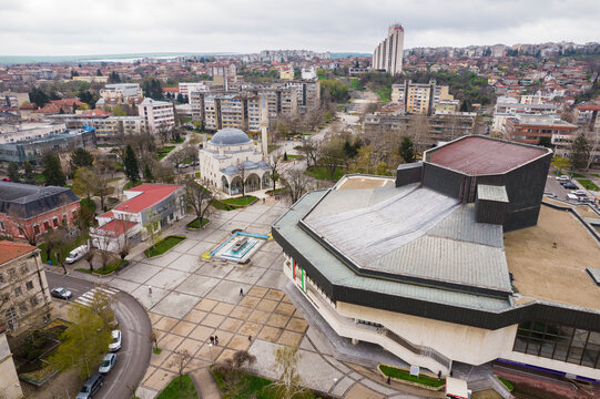 Aerial view of the beautiful Ibrahim Pasha Mosque surrounded by modern architecture and urban landscape, Razgrad, Razgrad, Bulgaria.