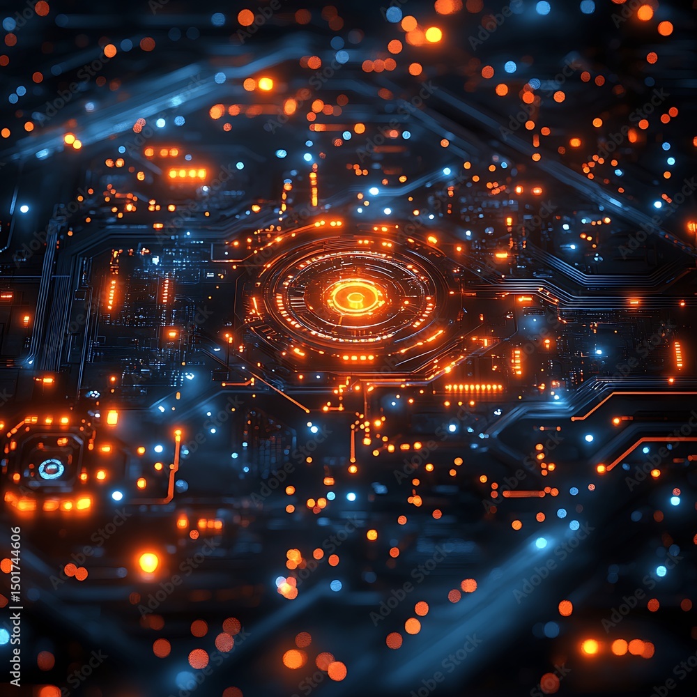 Aufkleber futuristic digital circuit board design with glowing orange and blue data nodes in high resolution p