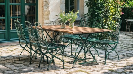 Obraz premium Outdoor dining set with green metal and wooden chairs and table, ideal for patio or terrace