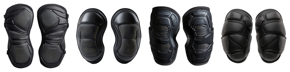 A row of black knee pads with a black and white background
