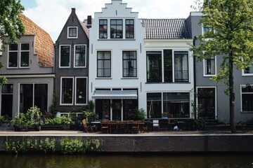 Historic canal houses along a serene waterway in Amsterdam showcasing traditional Dutch architecture on a bright sunny day