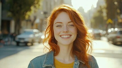 A smiling young woman with long, wavy red hair and freckles wears a denim jacket over a light hoodie.