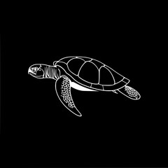 Sea Turtle Silhouette: A graceful monochrome line art illustration depicting a sea turtle swimming effortlessly, its shell and flippers detailed against a dark background.