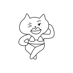 Cartoon cat in bikini striking a confident pose and winking, funny and sassy black and white line art. Fun and positive design perfect for coloring, stickers, emoji sets, or playful graphics