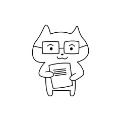 Nerd cartoon cat with glasses holding a document, smart and professional character in line art style. Fun and positive design perfect for coloring, stickers, emoji sets, or playful graphics