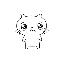 Sad cartoon cat crying with eyes glistening with tears, cute emotional black and white line art. Fun and positive design perfect for coloring, stickers, emoji sets, or playful graphics