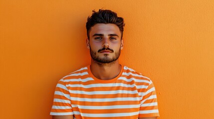 A young man with curly hair stands against a vibrant orange background, wearing a short-sleeved, green and white striped shirt.