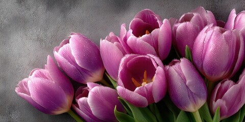 Obraz premium Pink Tulips on Gray Abstract Background - Spring Floral Flat Lay