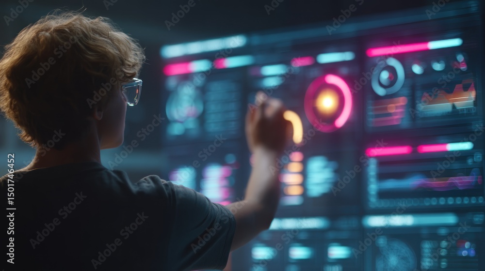 Poster young programmer interacting with futuristic interface