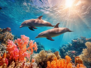 Two Dolphins Swimming Underwater with Coral Reefs in Tropical Ocean Sunlight View from Below