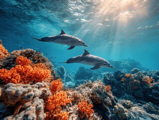 Fototapeta premium Two Dolphins Swimming Gracefully Above Colorful Coral Reef in Tropical Ocean Sunlight Underwater View