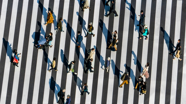 Tokyo City, Japan - 16 November 2020: Aerial view of a bustling urban junction with many pedestrians crossing a zebra crossing, Tokyo City, Tokyo Prefecture, Japan.