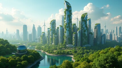 Obraz premium A Futuristic City with Green Architecture and Renewable Energy Sources