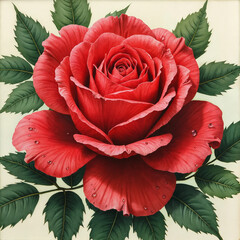 A vibrant red rose with delicate petals and lush green leaves, perfect for expressing love and beauty