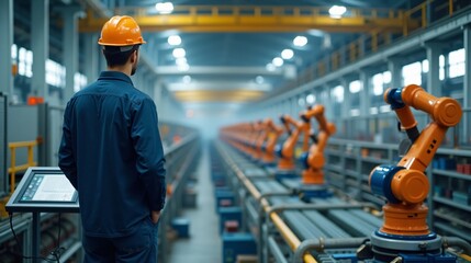 Factory Worker Supervising Robots Completing Tasks Automatically
