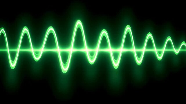 Vivid green sine wave oscillates against a dark backdrop, illuminating the abstract energy of light with rhythmic, glowing patterns
