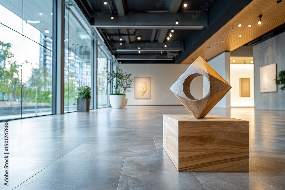 Poster artistic sculpture display in modern gallery contemporary exhibit minimalist environment interactive