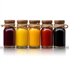 Five small glass jars filled with colorful powders or spices, sealed with cork lids and twine, arranged in a row on a white background.