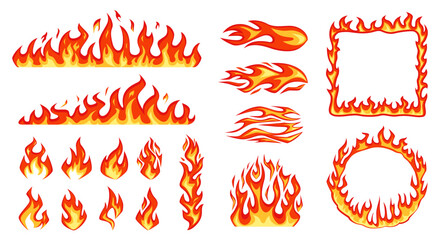 Cartoon fire flames. Campfire, bright fireball, heat wildfire, red and yellow hot blazing bonfire, flaming square and burning round frames. Vector isolated set