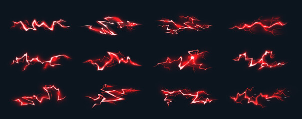 Red lightnings. Cartoon electric power, thunderbolt strike neon bright effect, red discharge impact, energy lightning flashes, lava cracks. Vector vfx isolated set