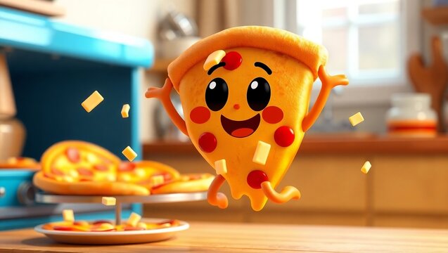Runaway Dough Delight: Following a Lively Animated Pizza Slice's Flee Across the Kitchen