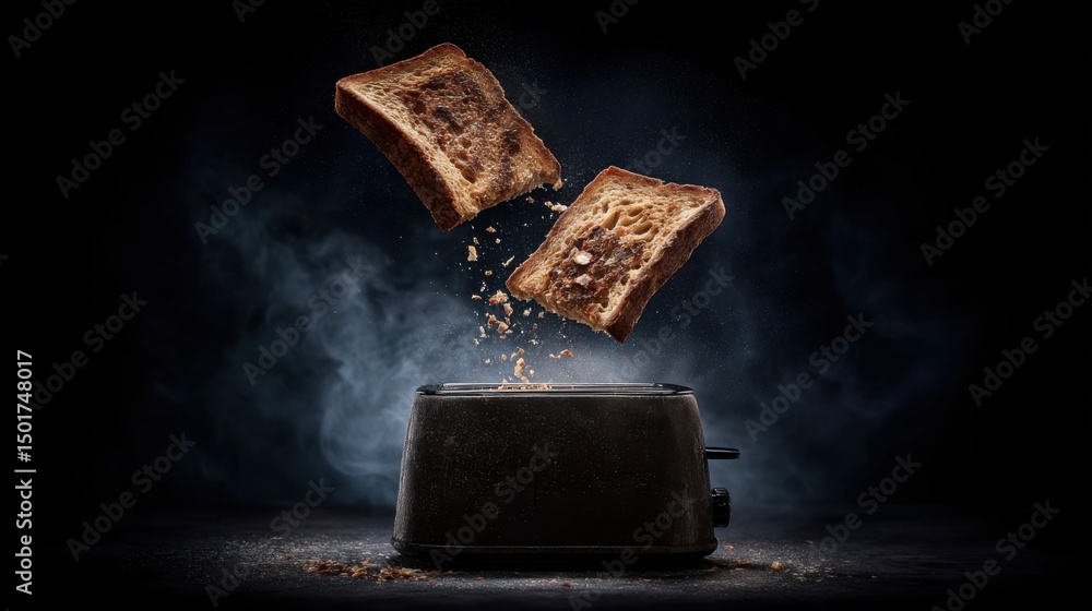 Poster two slices of toasted bread popping out of a toaster on a dark background studio shot breakfast conc