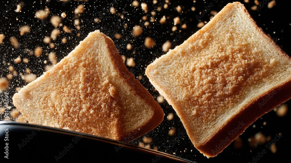 Poster two slices of toast ejecting from toaster in mid-air with crumbs on black background studio shot