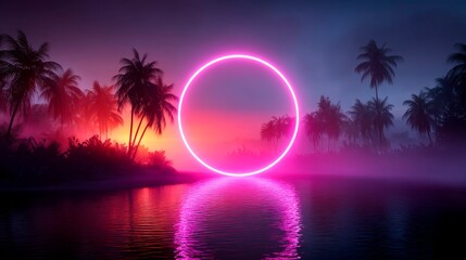 Neon Circle in Tropical Sunset Landscape