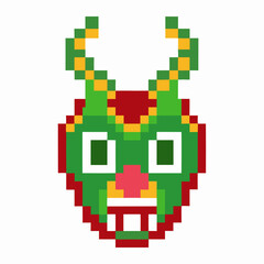 Fototapeta premium pixel art of a vibrant green and red dragon mask with yellow horns, evoking retro video game aesthetics and cultural influences
