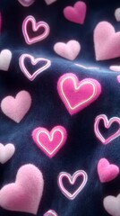 Obraz premium Pink and pastel hearts scattered on dark blue fabric, creating a soft, romantic, and playful pattern.