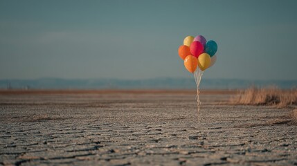 Fototapeta premium A bunch of colorful balloons floats above cracked, dry earth in a barren landscape under a clear sky.