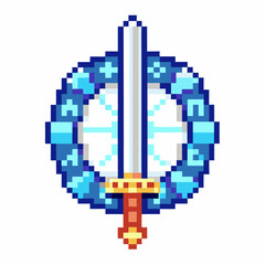 Obraz premium Pixel art sword and shield emblem with blue circular design retro video game icon with fantasy rpg theme